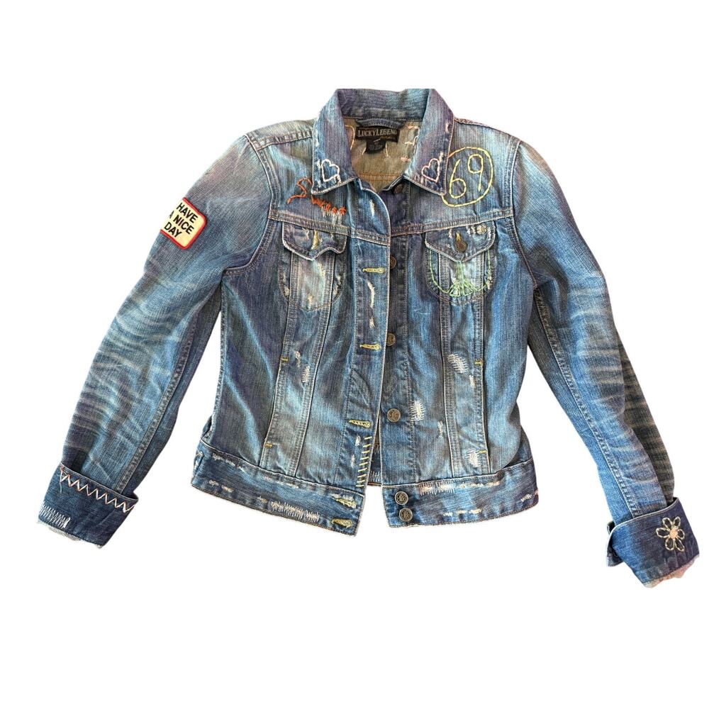 Vintage Lucky Legends Denim Jacket Embroidered Hippie Boho Distressed Patch